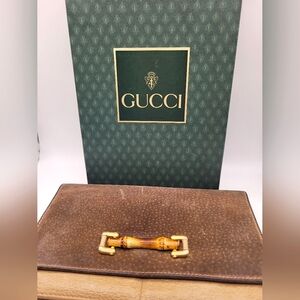 Gucci Vintage Suede Leather Bamboo Handle Wallet Small Clutch